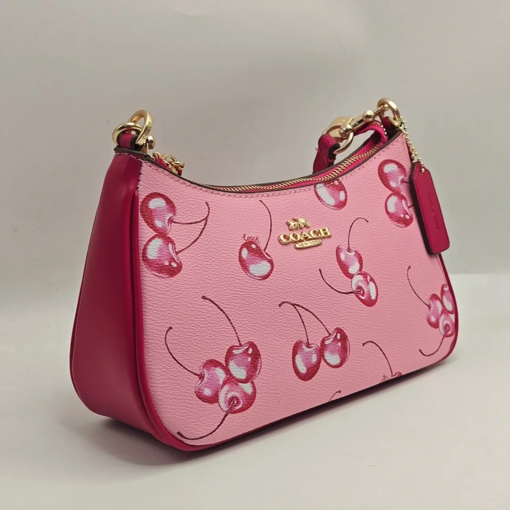 COACH Pink Cherry Print Shoulder Bag with Gold Hardware